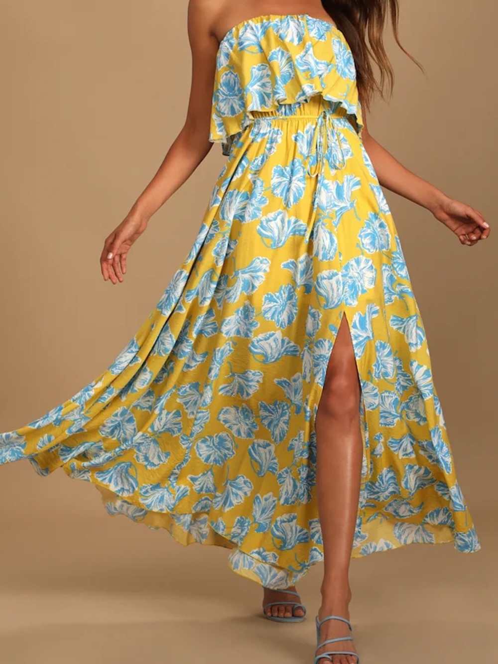 Lulu's Love Boldly Yellow Maxi Dress with Blue Floral Print Size Small NWT